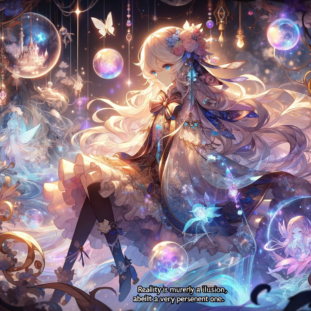 An ethereal anime character enveloped in a swirl of cosmic and floral elements, conjuring a dreamscape that blurs the lines between reality and illusion.