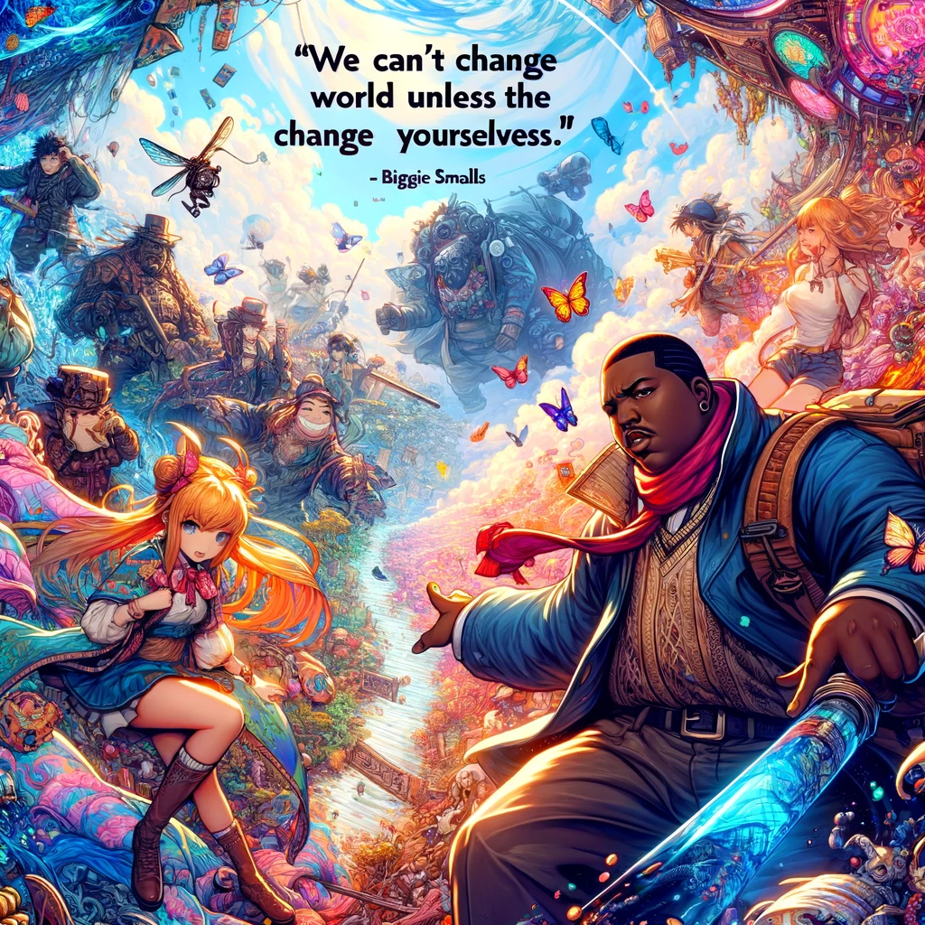 An anime scene featuring a diverse cast of characters in a vibrant, chaotic world, symbolizing a quote about personal change by Biggie Smalls.