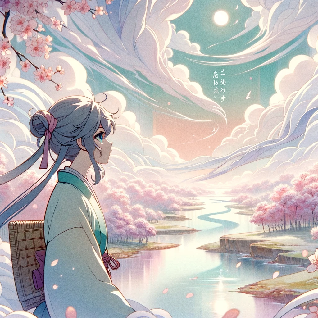 A tranquil anime scene with a character overlooking a river lined with cherry blossoms, under a swirling sky of soft clouds and a gentle sun.