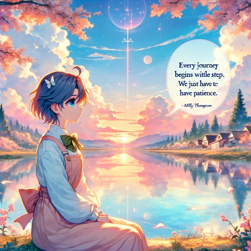 Anime girl seated by a lakeside at sunset, reflecting on a journey's beginning, surrounded by a tranquil, pastel-hued landscape.