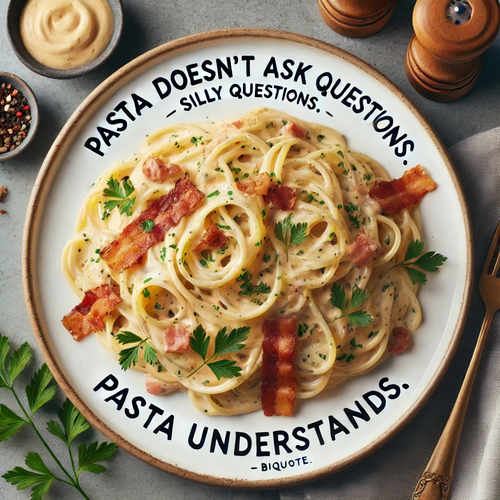 A plate of pasta carbonara with creamy sauce, bacon bits, and parsley.