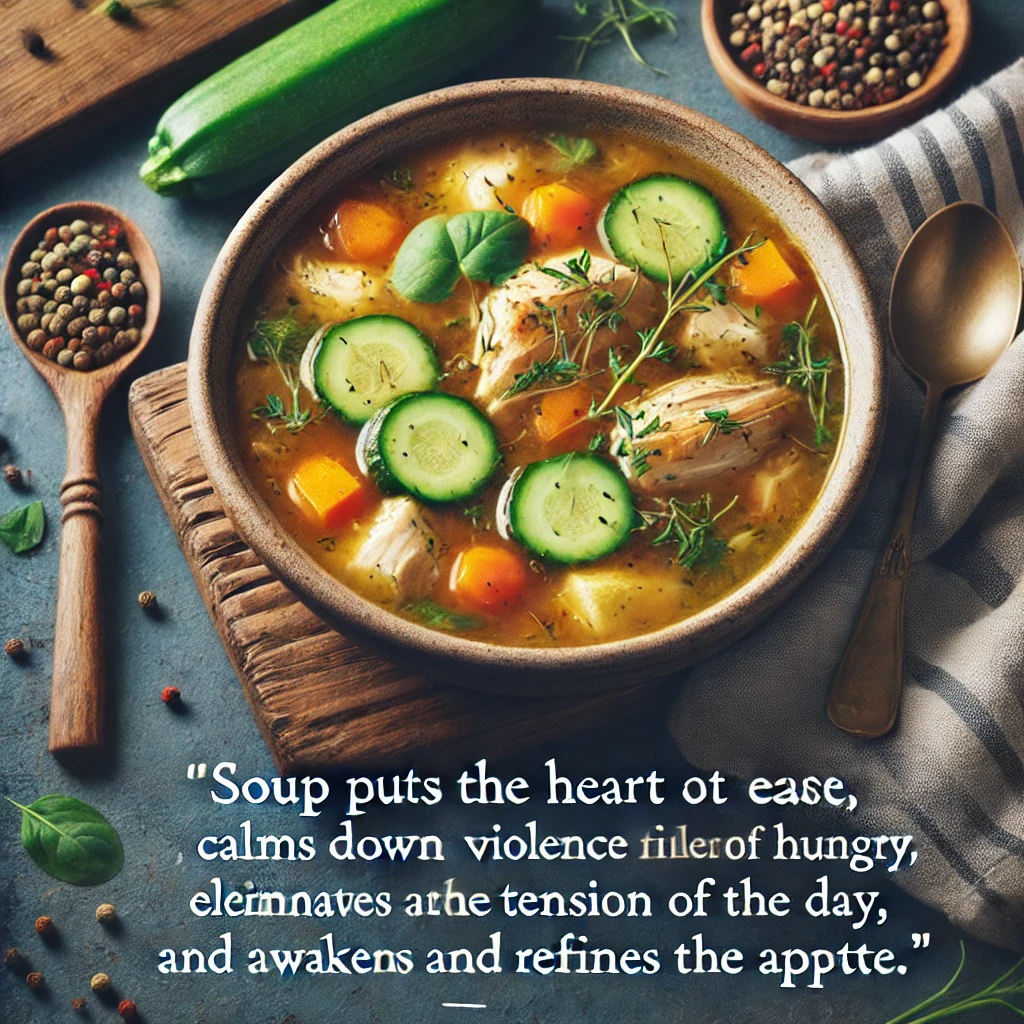 A warm bowl of chicken soup with vegetables and herbs.