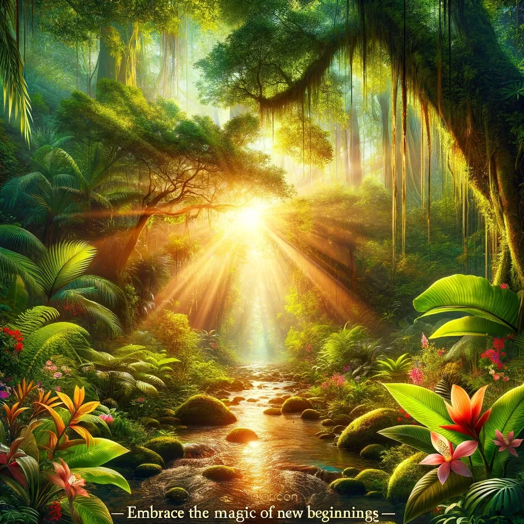 Sunrays piercing through a lush tropical forest at dawn with a quote on new beginnings.