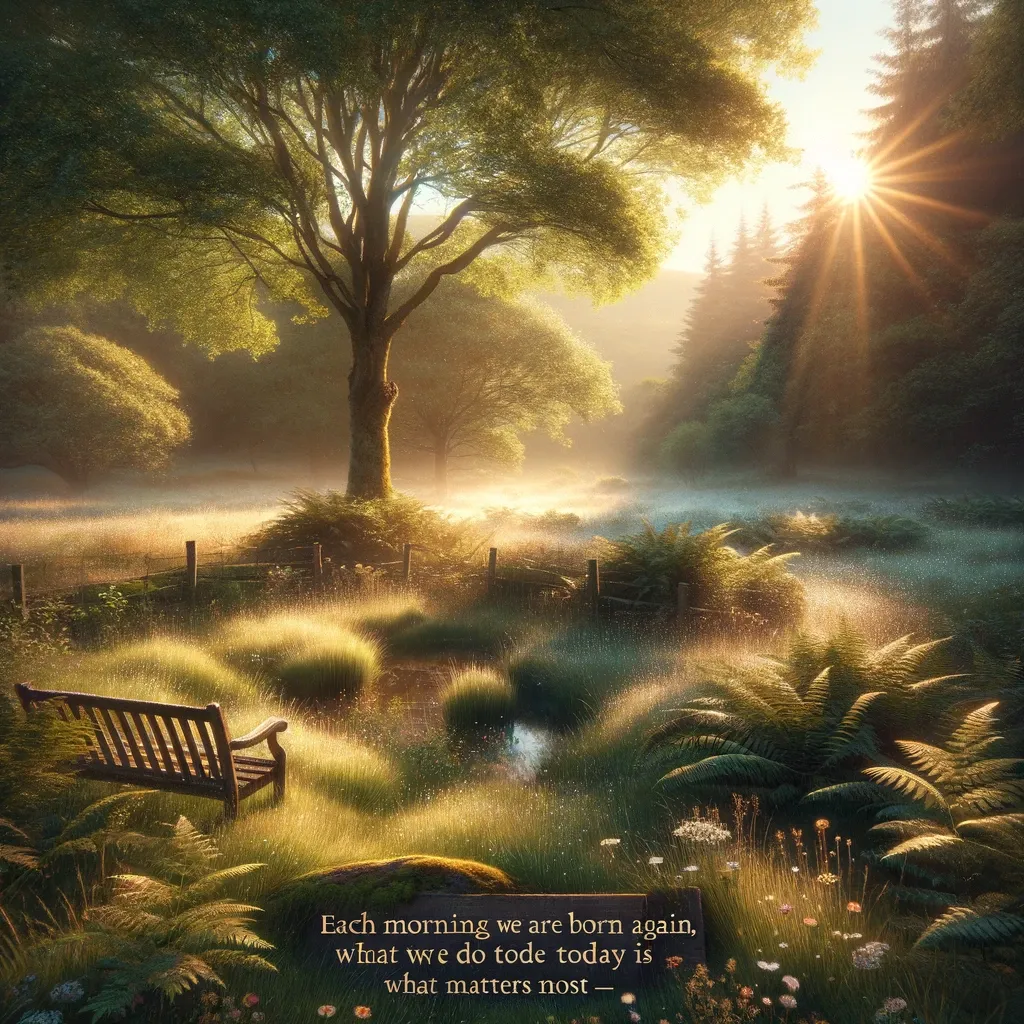 Misty morning in a tranquil woodland with sunlight streaming through trees, featuring a quote on rebirth and the importance of today's actions.