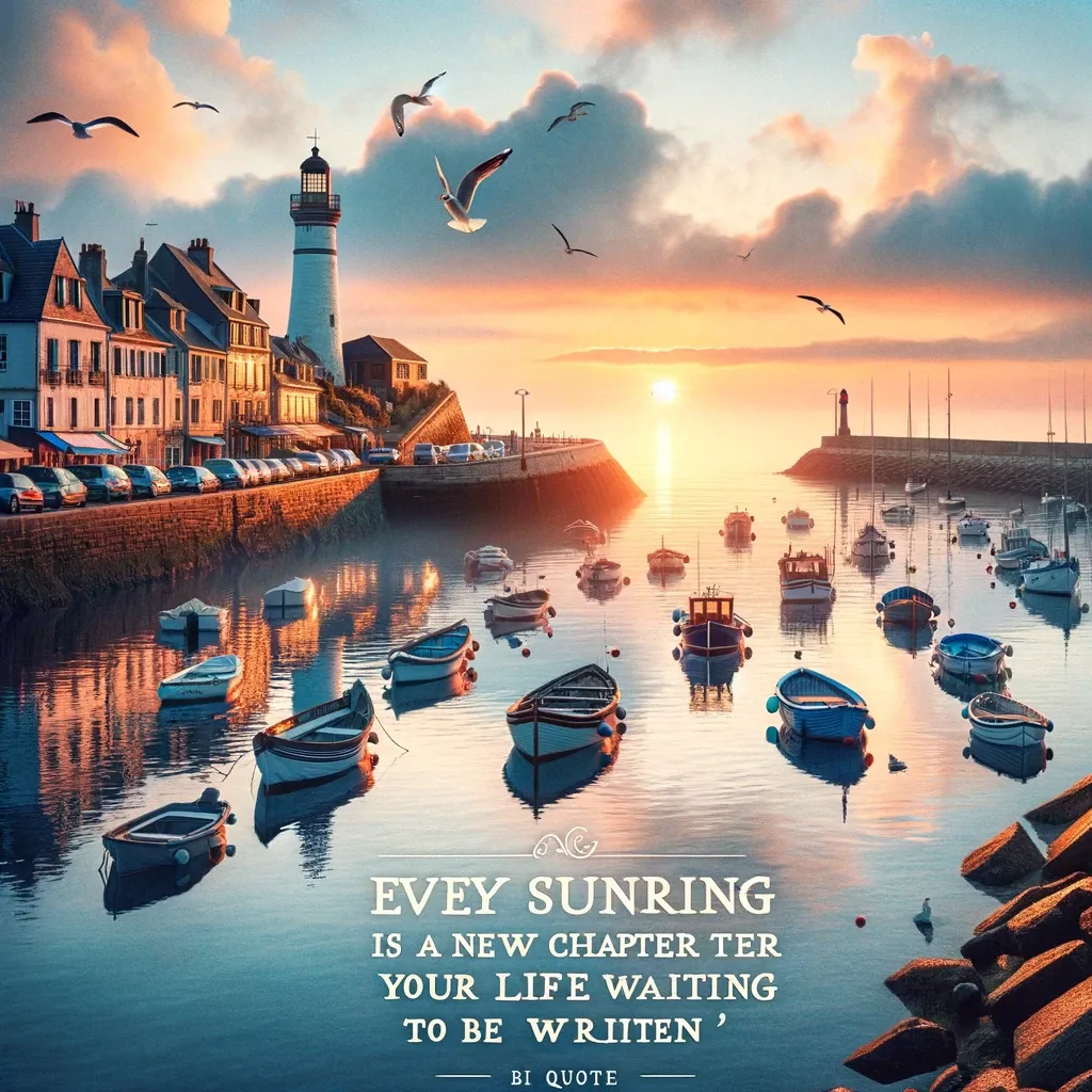 Sunrise over a peaceful harbor with boats and a lighthouse, featuring a quote about new beginnings in life.