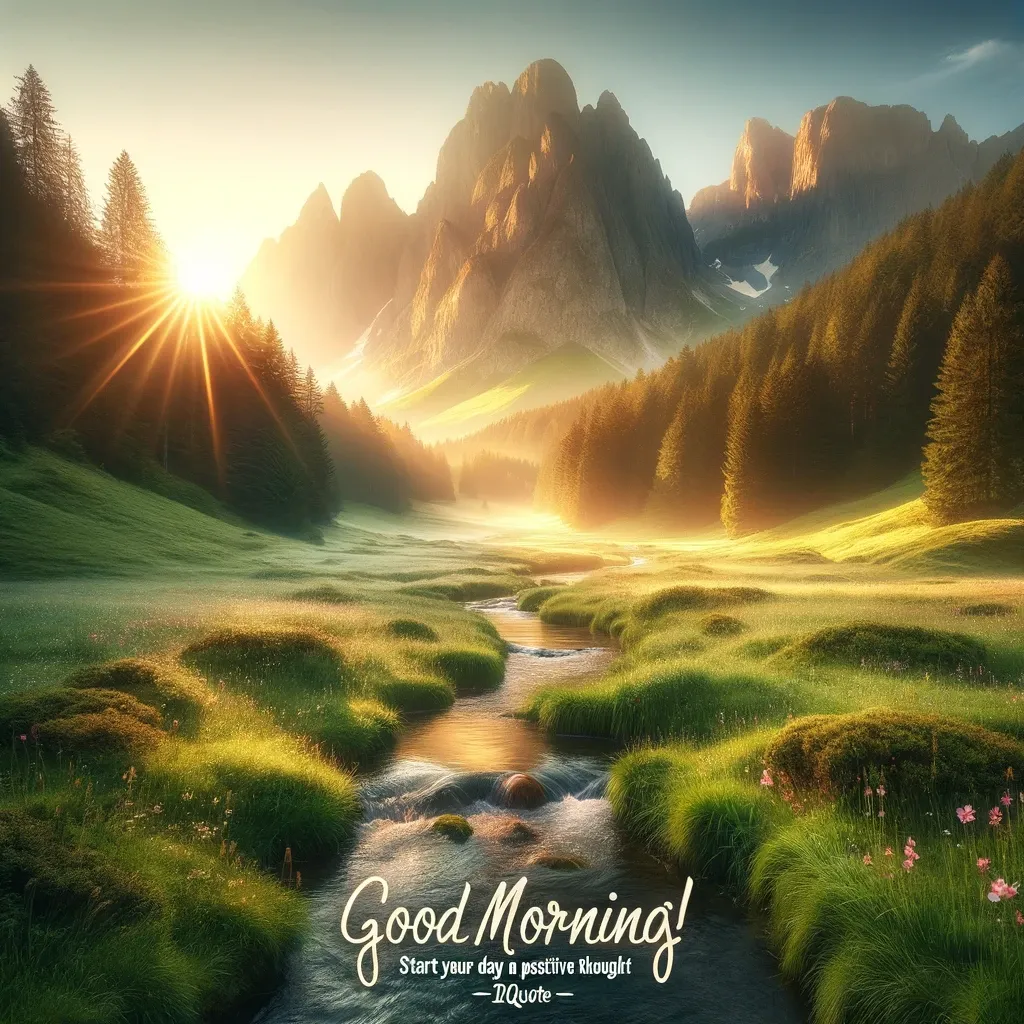 Sunrise over a mountain valley with a meandering stream and the words 'Good Morning! Start your day with a positive thought.'