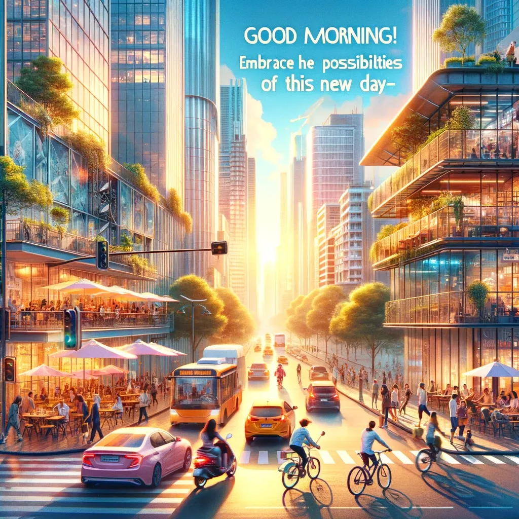 Bustling city street at sunrise with pedestrians, cyclists, and the glow of the morning sun between skyscrapers with a good morning message.