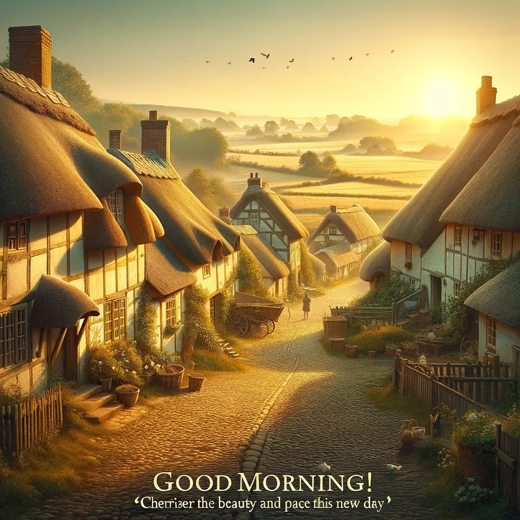 Quaint thatched-roof cottages in a village at sunrise with a gentle morning greeting, invoking a sense of peace and tradition.