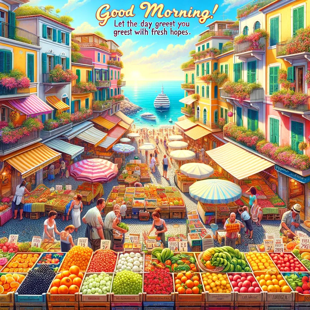 Vibrant marketplace in a coastal town at morning with a 'Good Morning' message and a sentiment of fresh hopes.