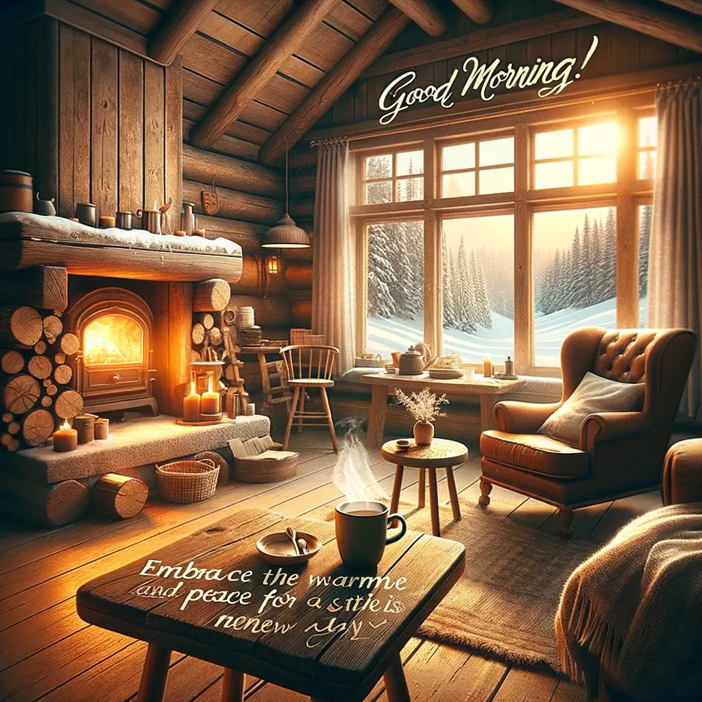 Cozy cabin interior with a warm fireplace, window view of snowy landscape, and 'Good Morning' message.