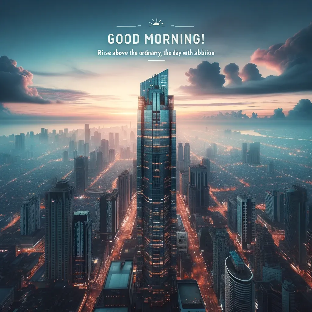 Skyscraper towering over city skyline at dawn with a 'Good Morning' message, symbolizing ambition and new beginnings.