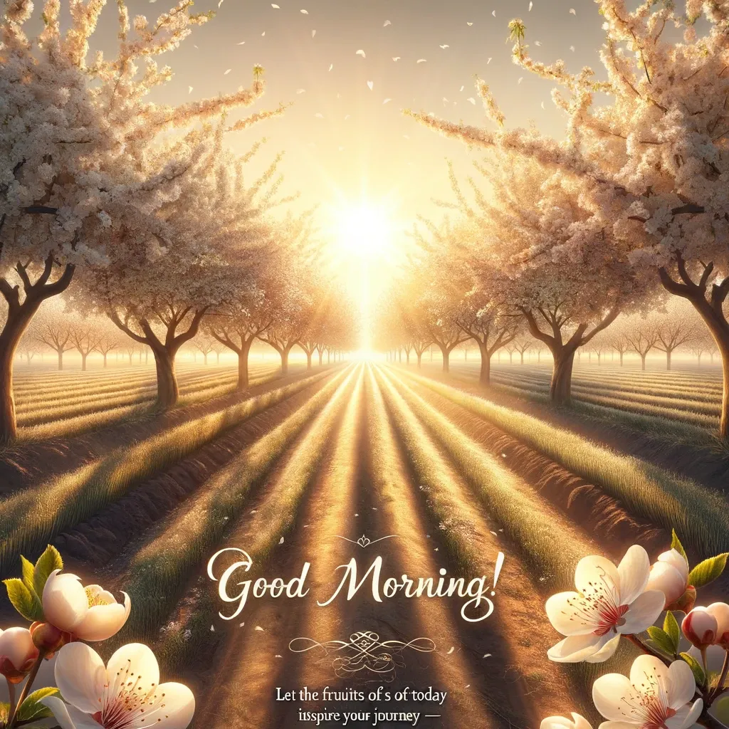 Sunrise shining through blooming orchard trees with 'Good Morning' message, suggesting the promise of a fruitful day.