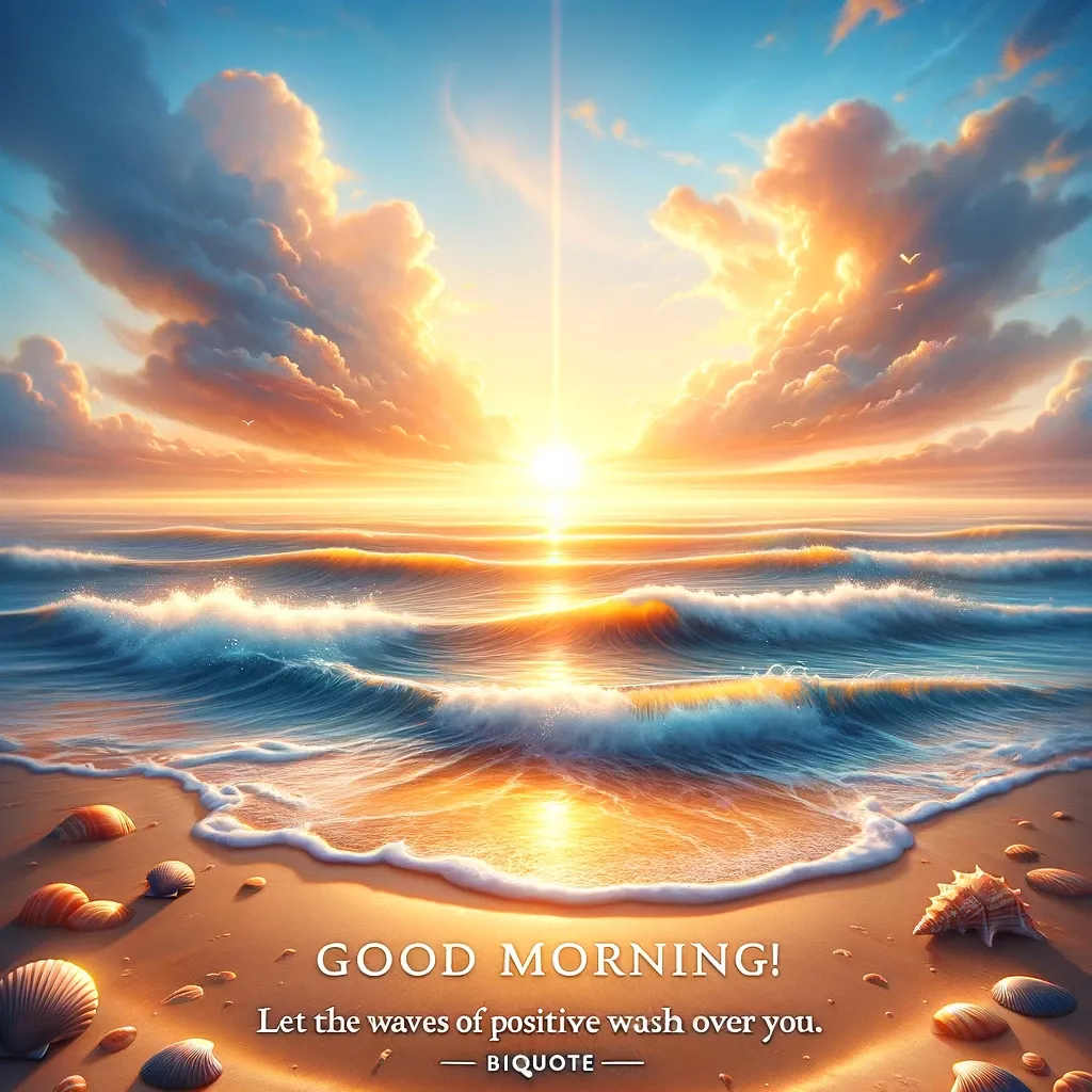 Sunrise over ocean with seashells on the shore and 'Good Morning' message, evoking a sense of calm and positivity.