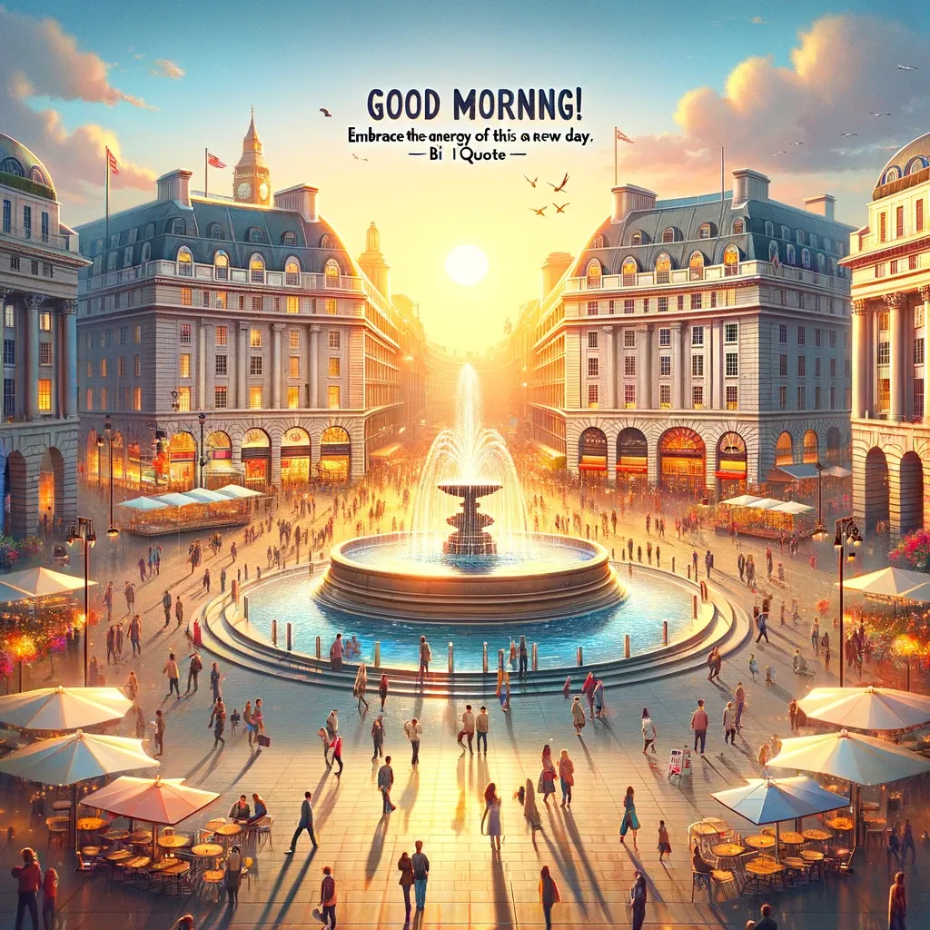 Bustling city square at sunrise with a radiant sun above the fountain, and 'Good Morning' message to embrace the day's energy.