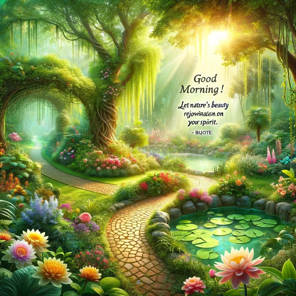 Enchanted garden with sunlight filtering through trees and 'Good Morning' message, emphasizing nature's ability to uplift the spirit.