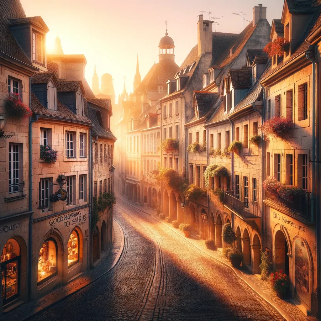 Historic European street bathed in the golden light of sunrise with 'Good Morning' message, invoking a day full of potential.