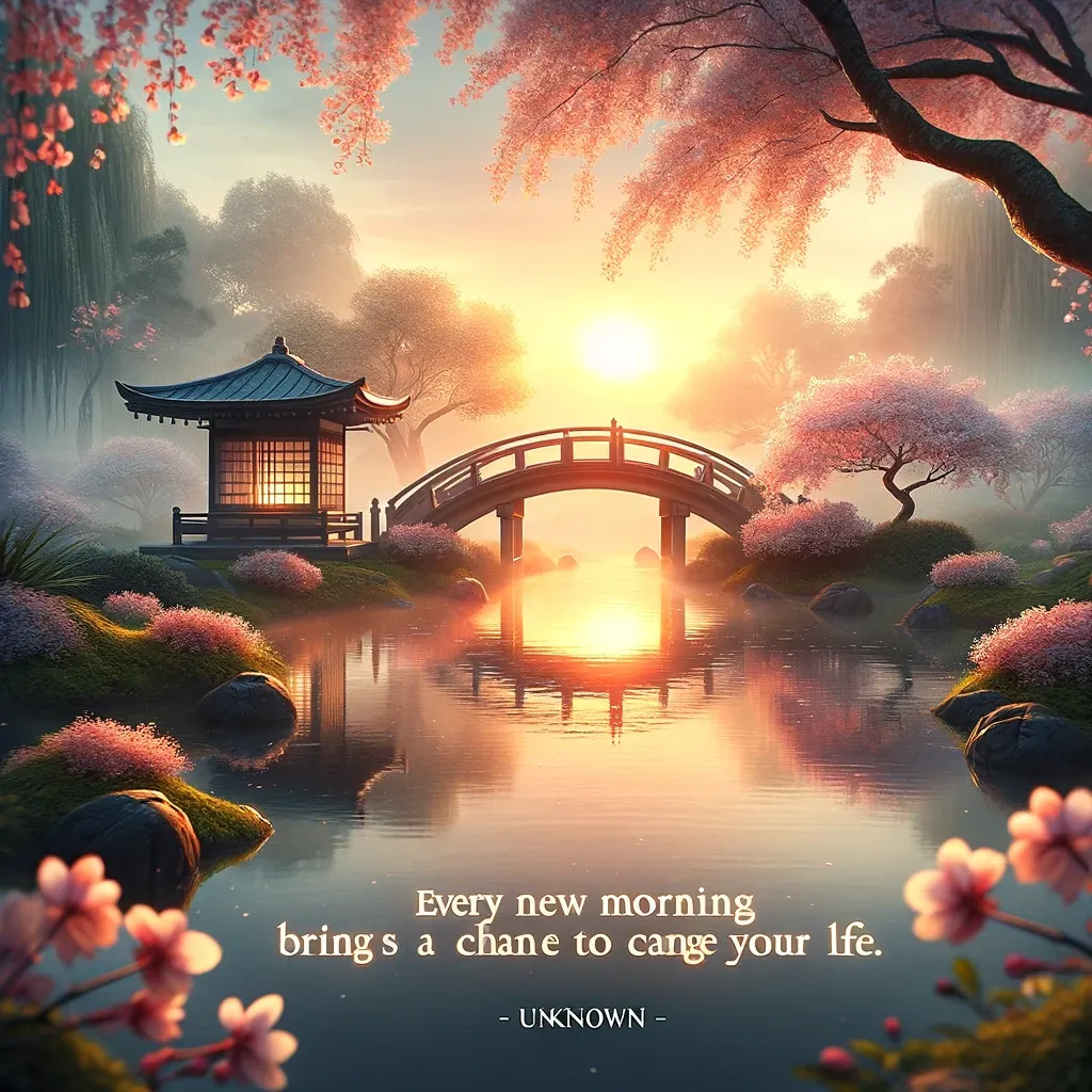 Tranquil Japanese garden at sunrise with cherry blossoms and a motivational quote: 'Every new morning brings a chance to change your life.'