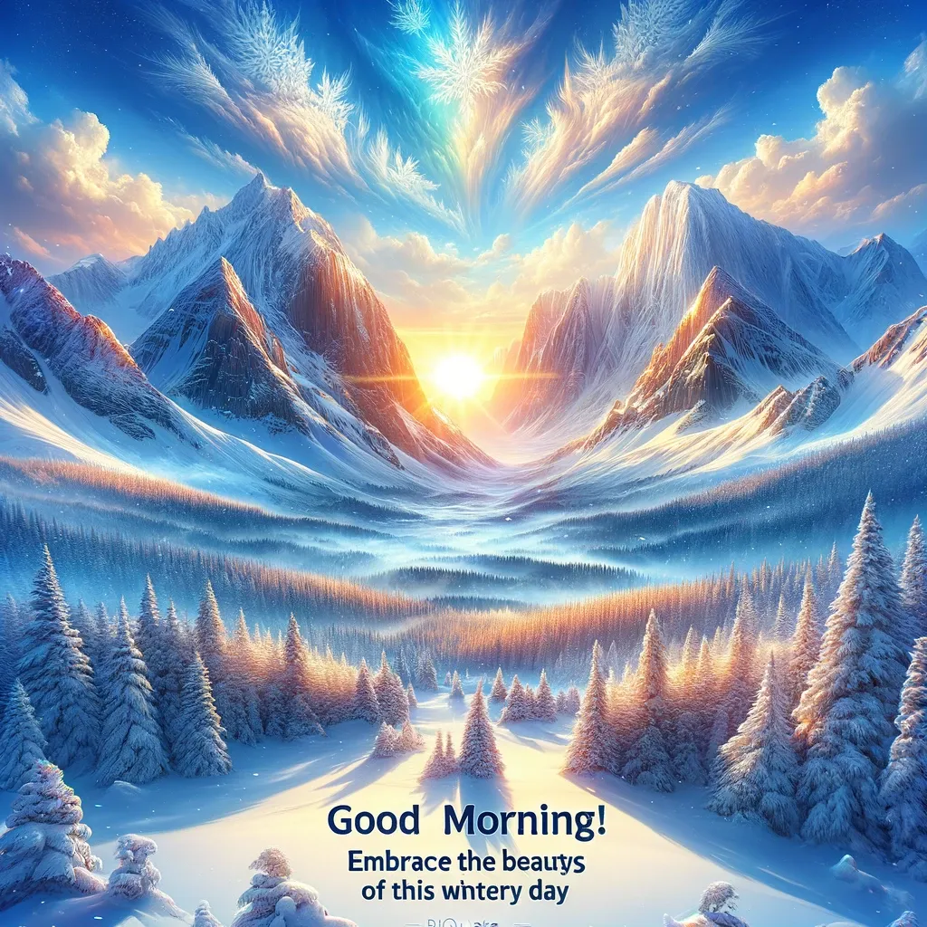 Sunrise over a snowy mountain landscape with frosted trees and a 'Good Morning' wish, highlighting the beauty of winter.