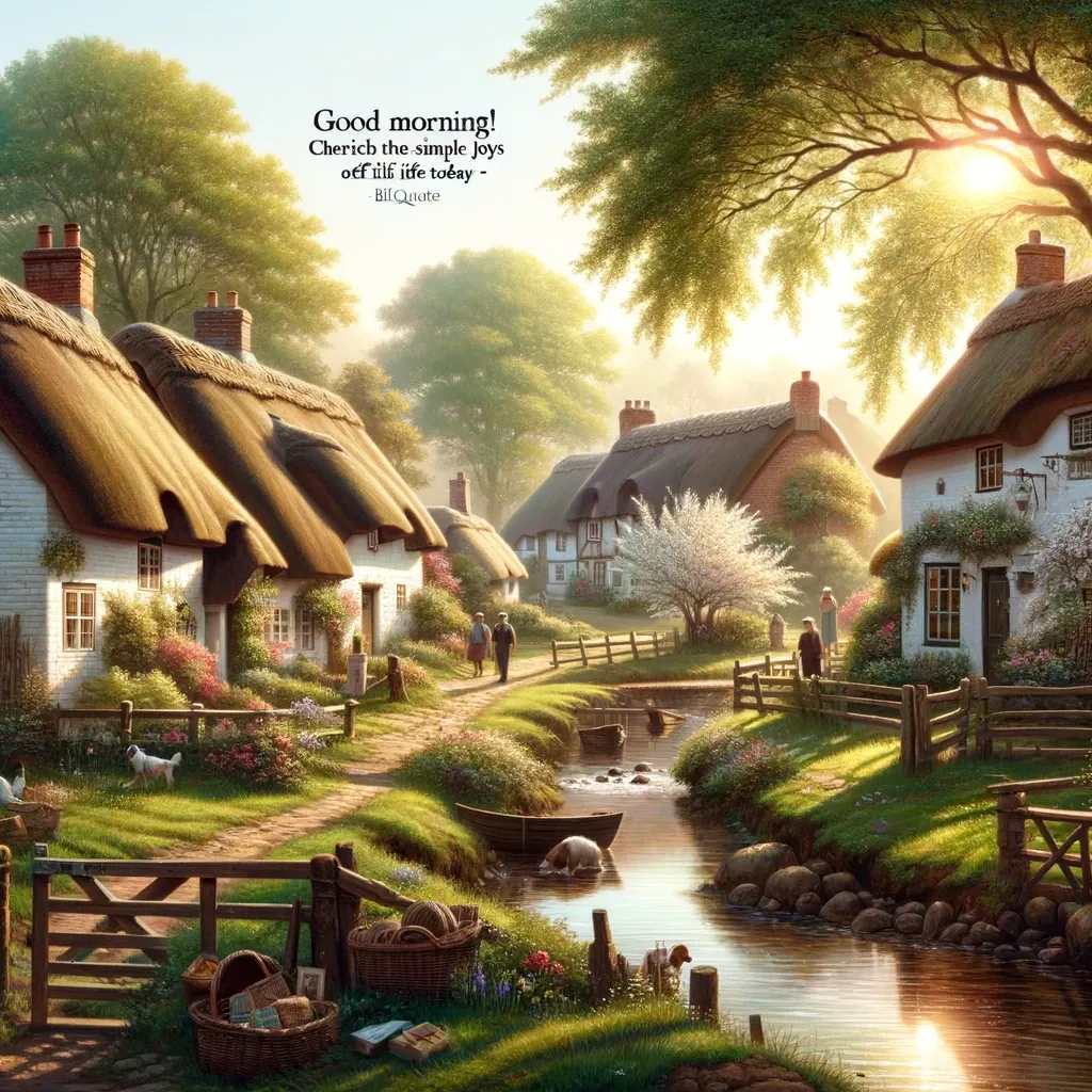 Quaint thatched cottages by a gentle stream in the early morning light with a 'Good Morning' message, emphasizing life's simple joys.