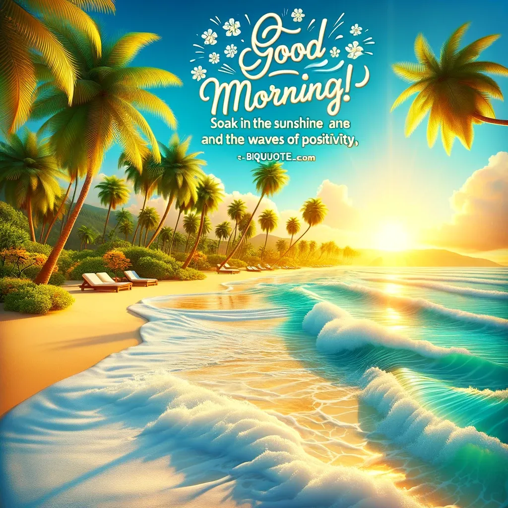 Tropical beach at sunrise with palm trees and 'Good Morning' message, encouraging a positive start to the day.
