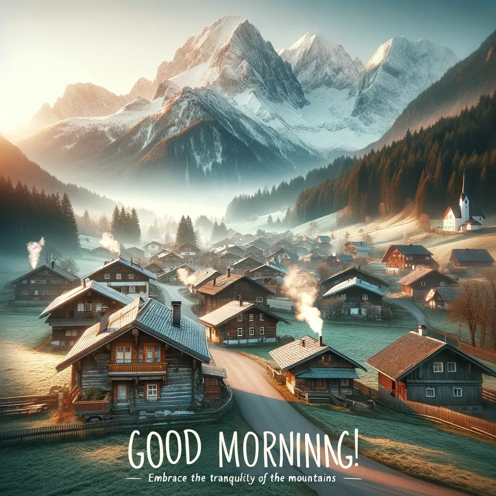 Alpine village at sunrise with a snowy mountain backdrop and a 'Good Morning' message, highlighting the peacefulness of mountain life.
