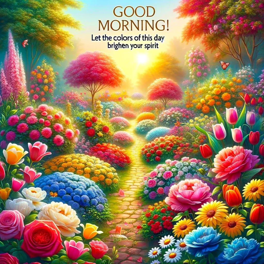 Colorful flower garden path leading towards the sunrise with a 'Good Morning' message, symbolizing hope and joy.