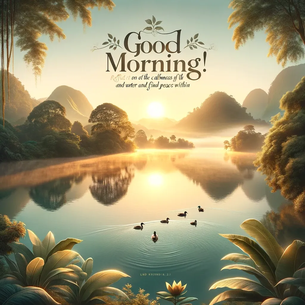 Peaceful dawn over a still lake surrounded by lush foliage with 'Good Morning' message, encouraging reflection and inner peace.