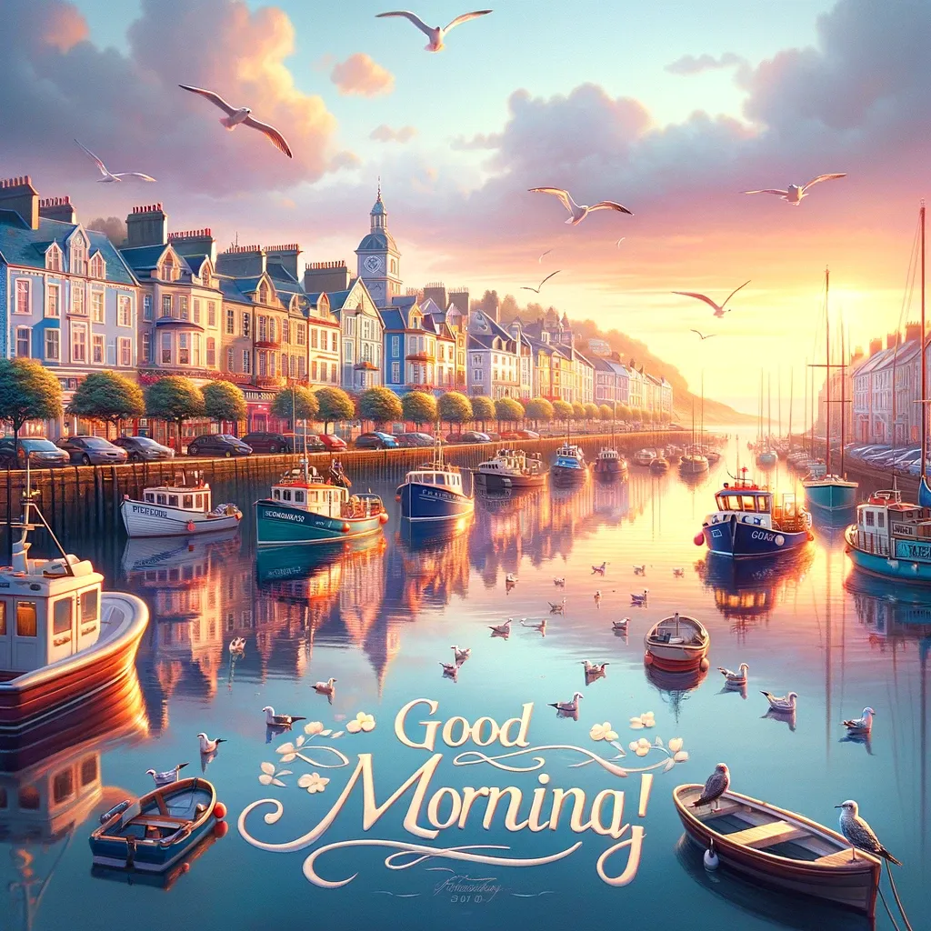 Harbor at sunrise with boats and seagulls, and a 'Good Morning' greeting, reflecting the peaceful start to a coastal day.