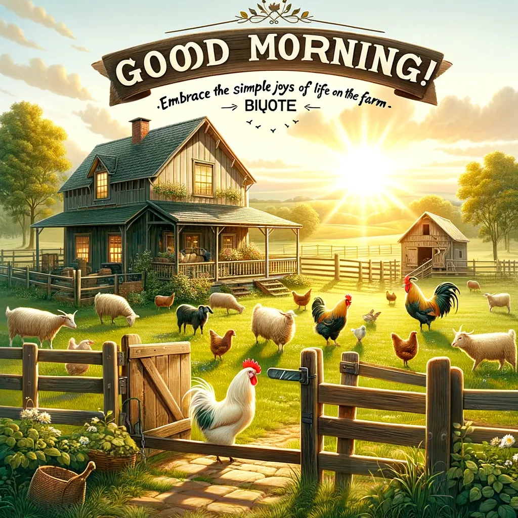 Farmhouse morning scene with animals greeting the day and a 'Good Morning' message, celebrating rural life.