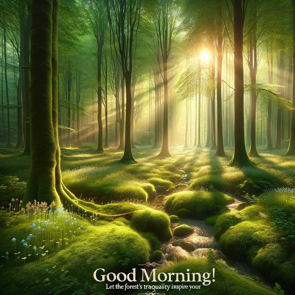 Sunbeams filtering through a green forest at dawn with 'Good Morning' greeting, inspiring peace and tranquility.