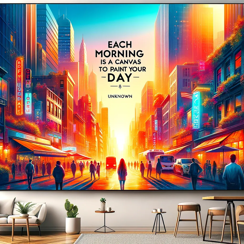 Urban sunrise in a bustling city street with a motivational quote: 'Each morning is a canvas to paint your day'.