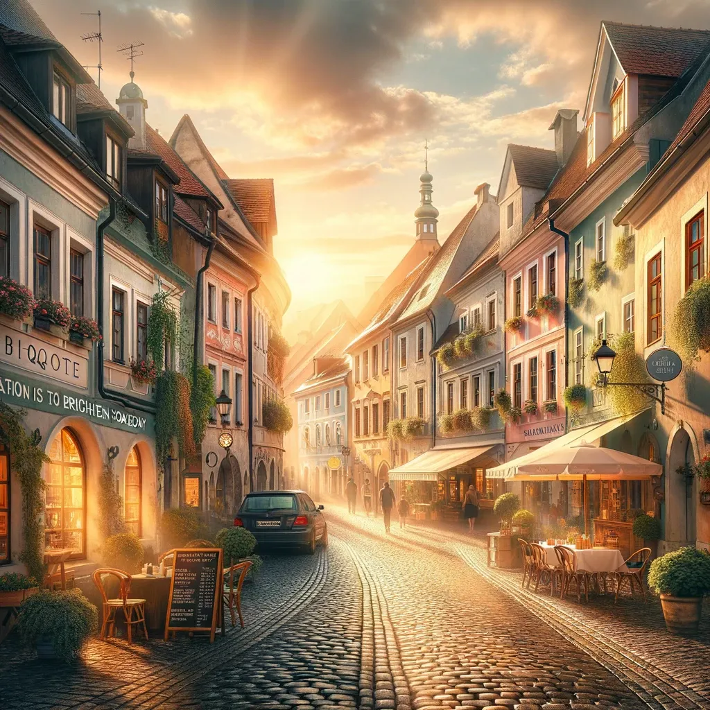 Sunlit cobblestone street in a charming European town at sunrise, invoking a sense of peace and fresh start for the day.