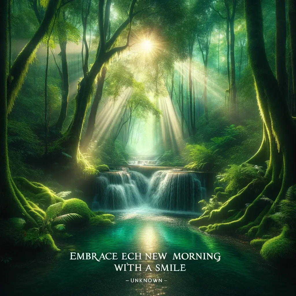 Mystical forest waterfall with rays of sunlight and inspirational morning quote.