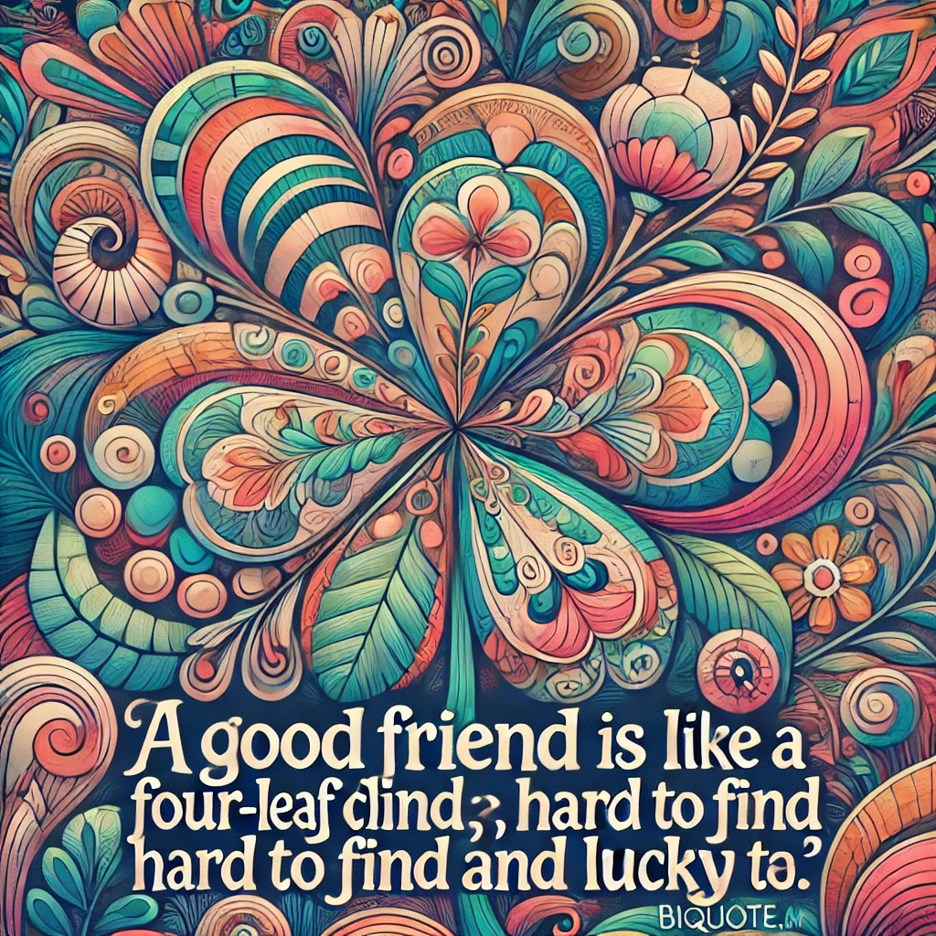 Abstract designs with the quote 'A good friend is like a four-leaf clover; hard to find and lucky to have.'