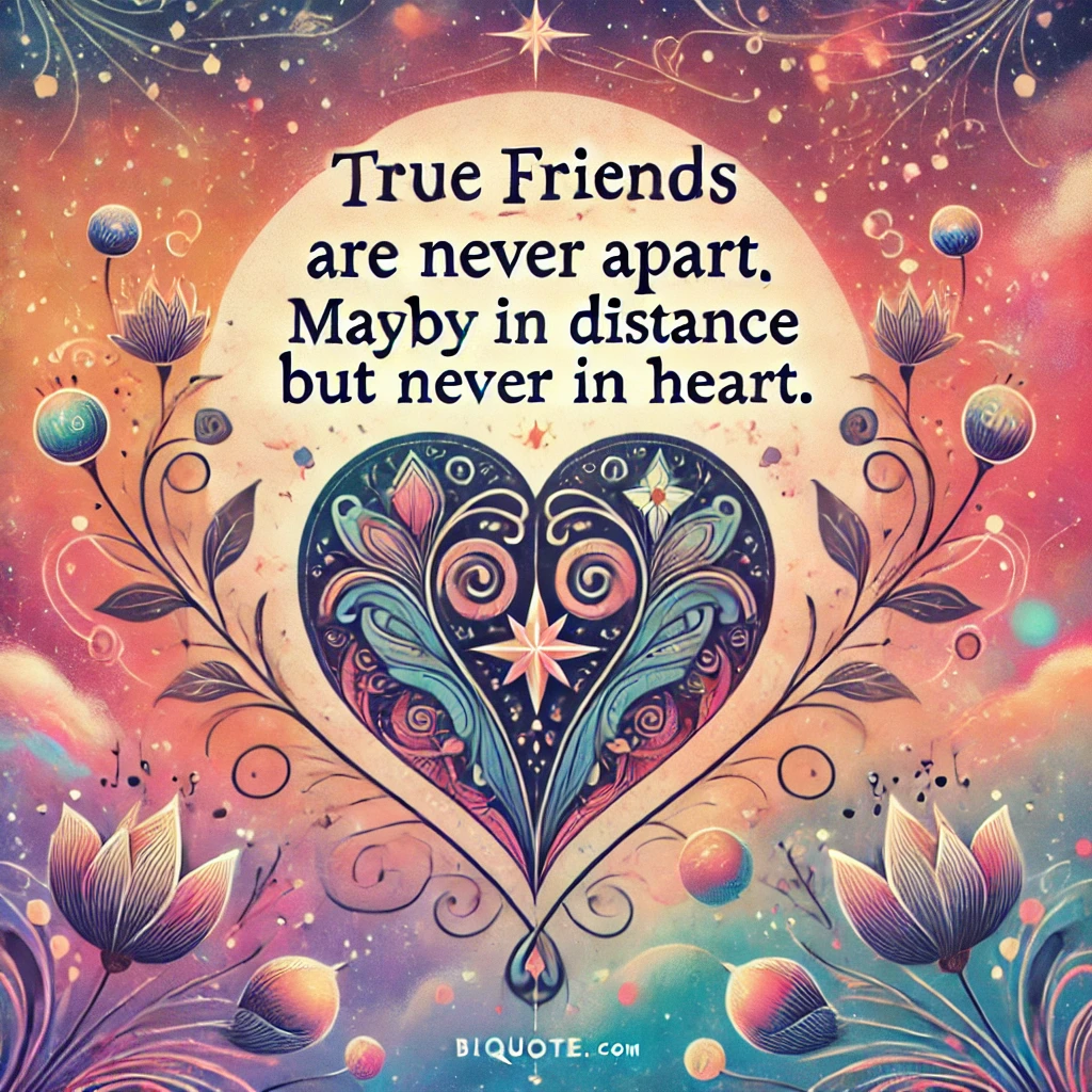 Abstract designs with the quote 'True friends are never apart, maybe in distance but never in heart.'