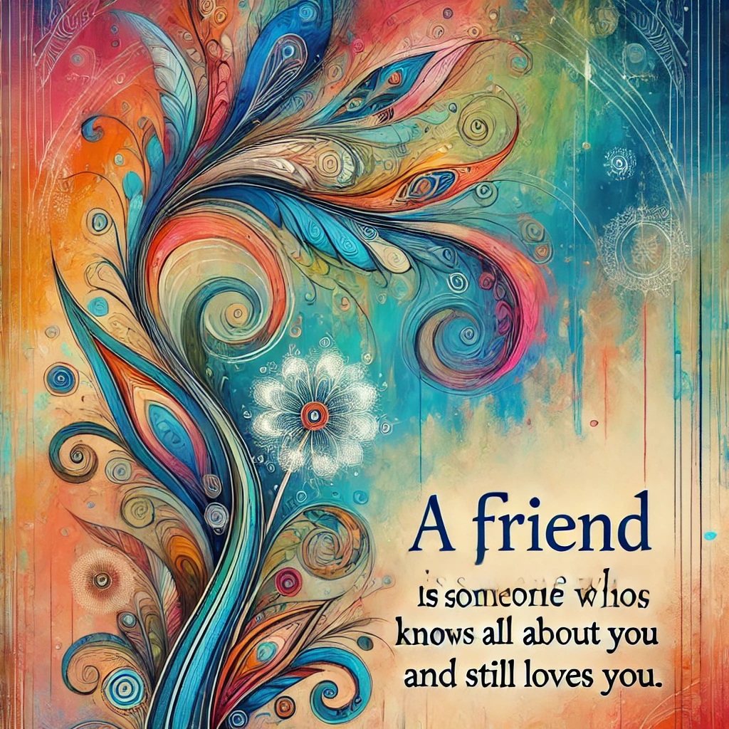 Abstract designs with the quote 'A friend is someone who knows all about you and still loves you.'