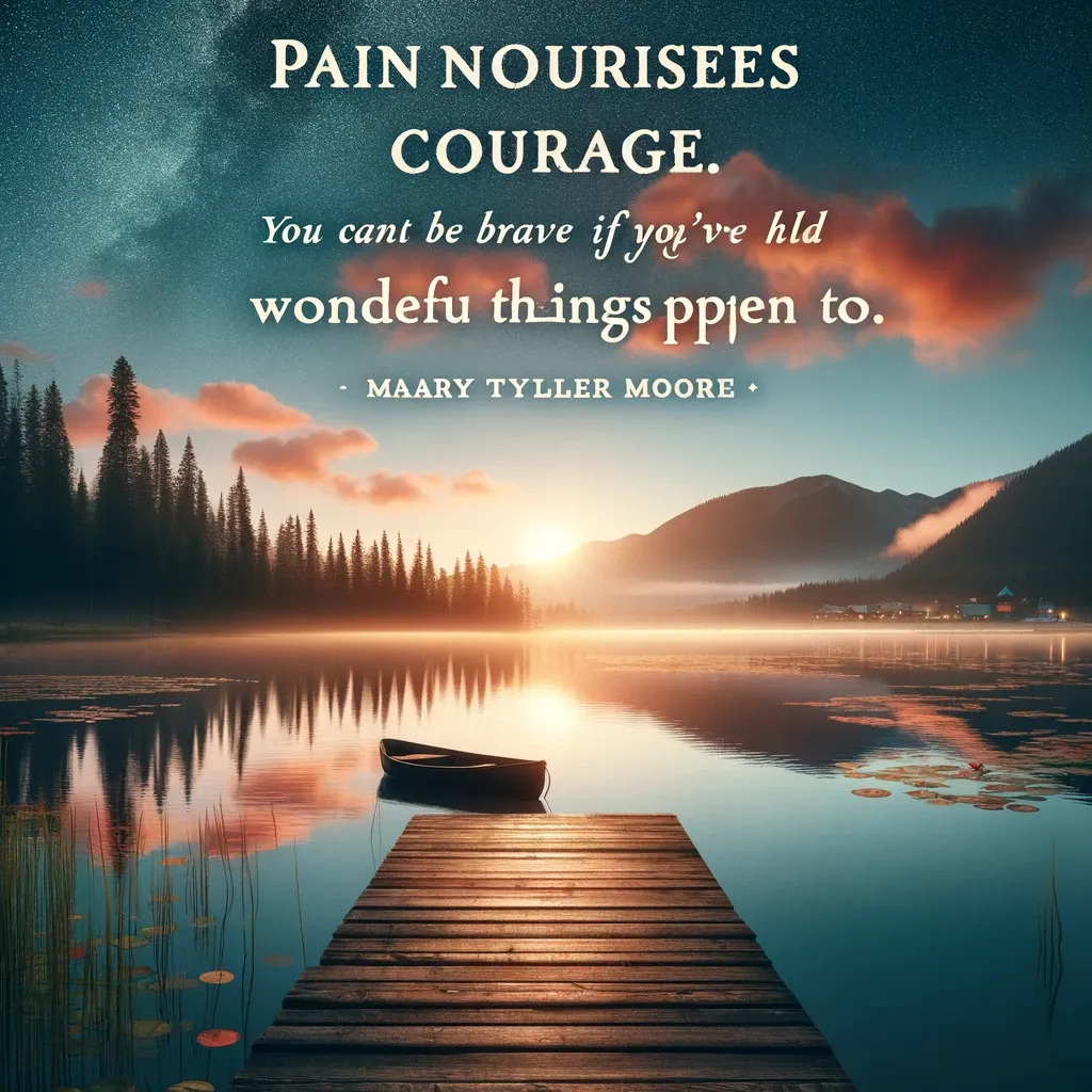 Dawn breaking over a tranquil lake with a lone canoe and Mary Tyler Moore's quote on pain and courage, from biquote.com.