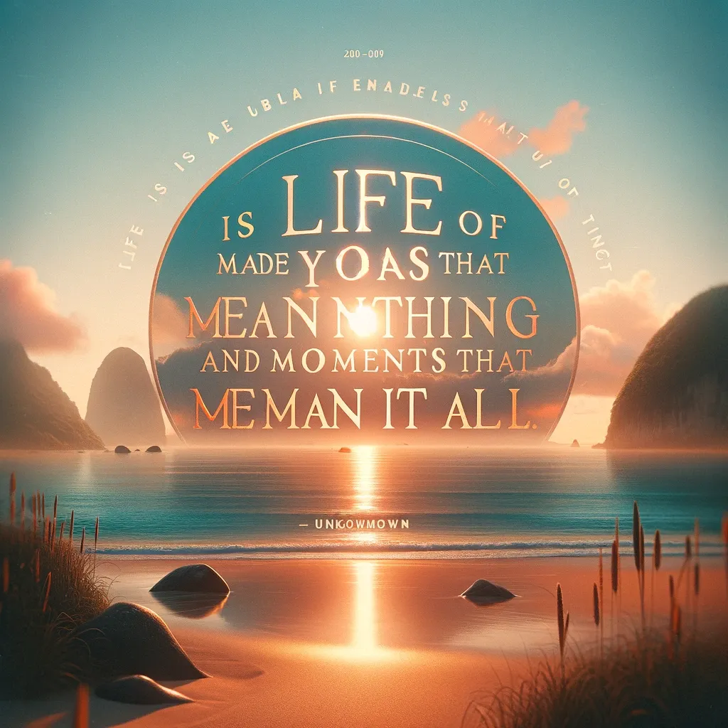 Sunset over a peaceful beach with a reflective quote on life's meaningful moments, from biquote.com.