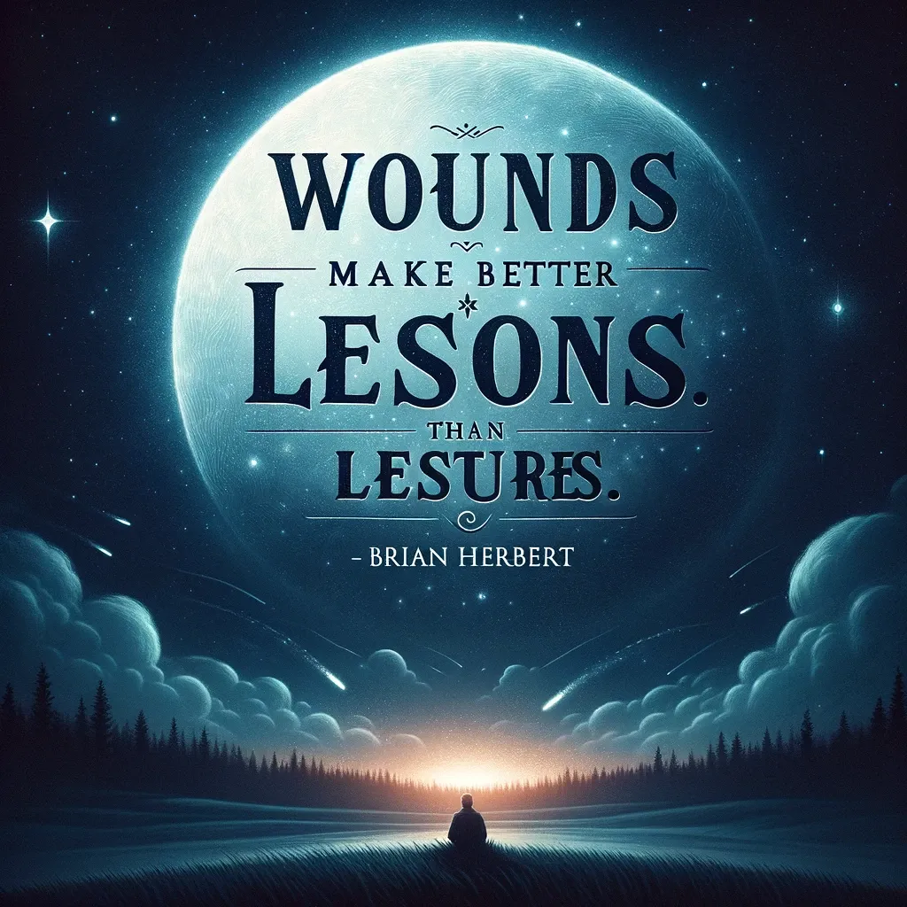 A person silhouetted against a night sky with a full moon, featuring Brian Herbert's quote on the value of wounds, from biquote.com.