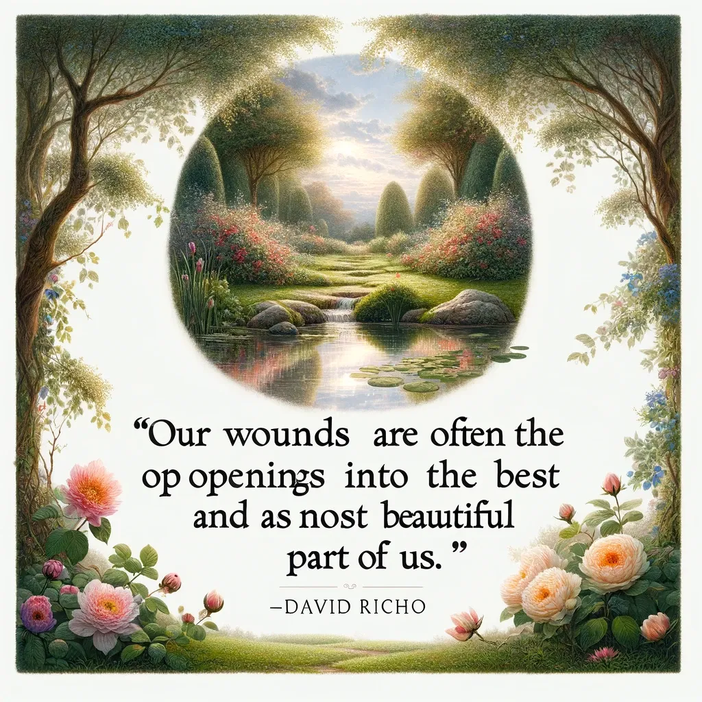 Idyllic garden scene with a quote by David Richo on the transformative power of wounds, from biquote.com.