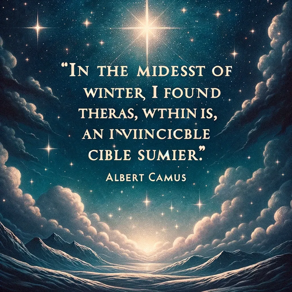 Starry night sky over a mountain range with Albert Camus quote on finding invincible summer within, from biquote.com.