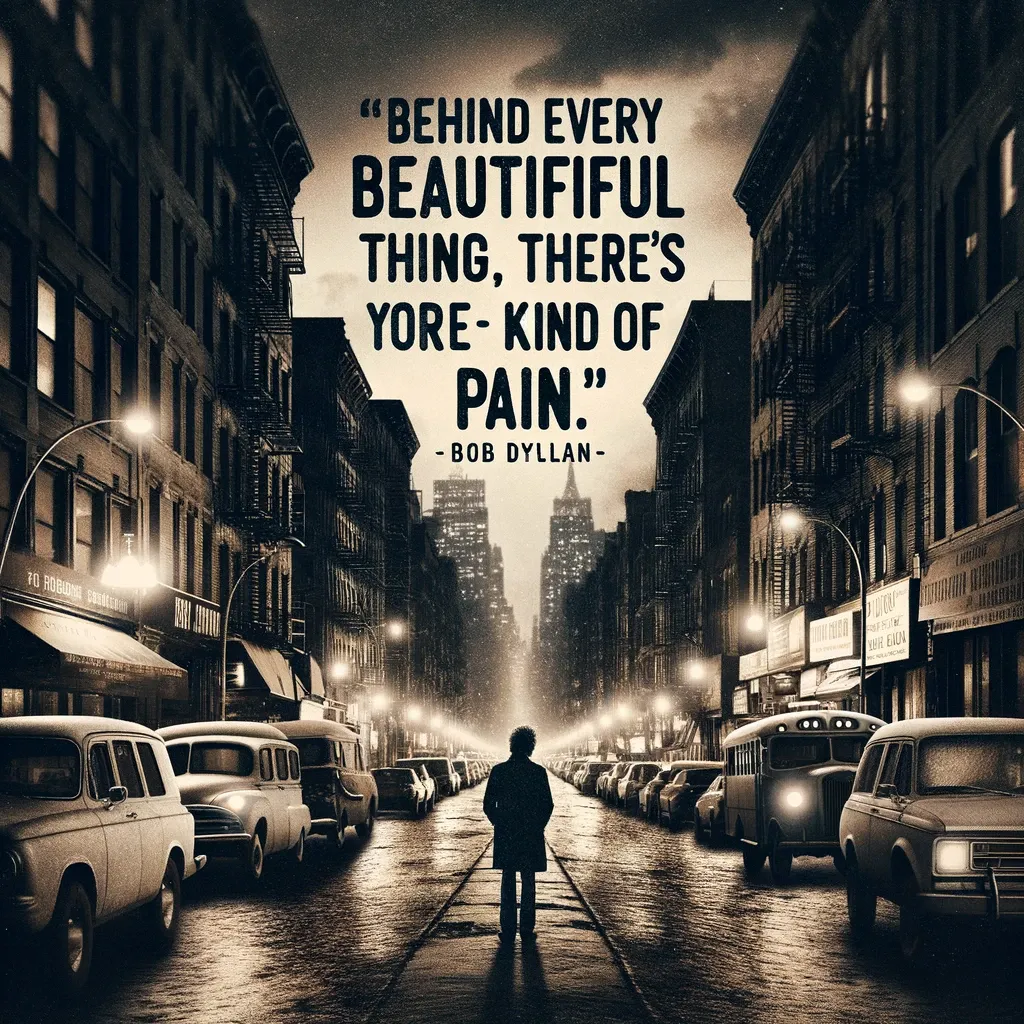 Rainy city street at night with a solitary figure and Bob Dylan's quote on the hidden pain behind beauty, from biquote.com.