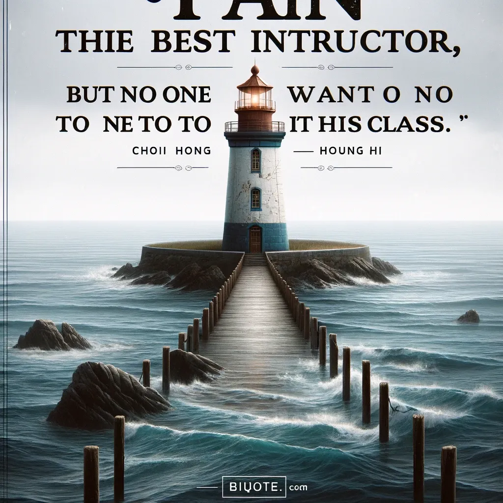 Sturdy lighthouse amidst turbulent seas with Choi Hong Hi's quote on pain as a teacher, from biquote.com.