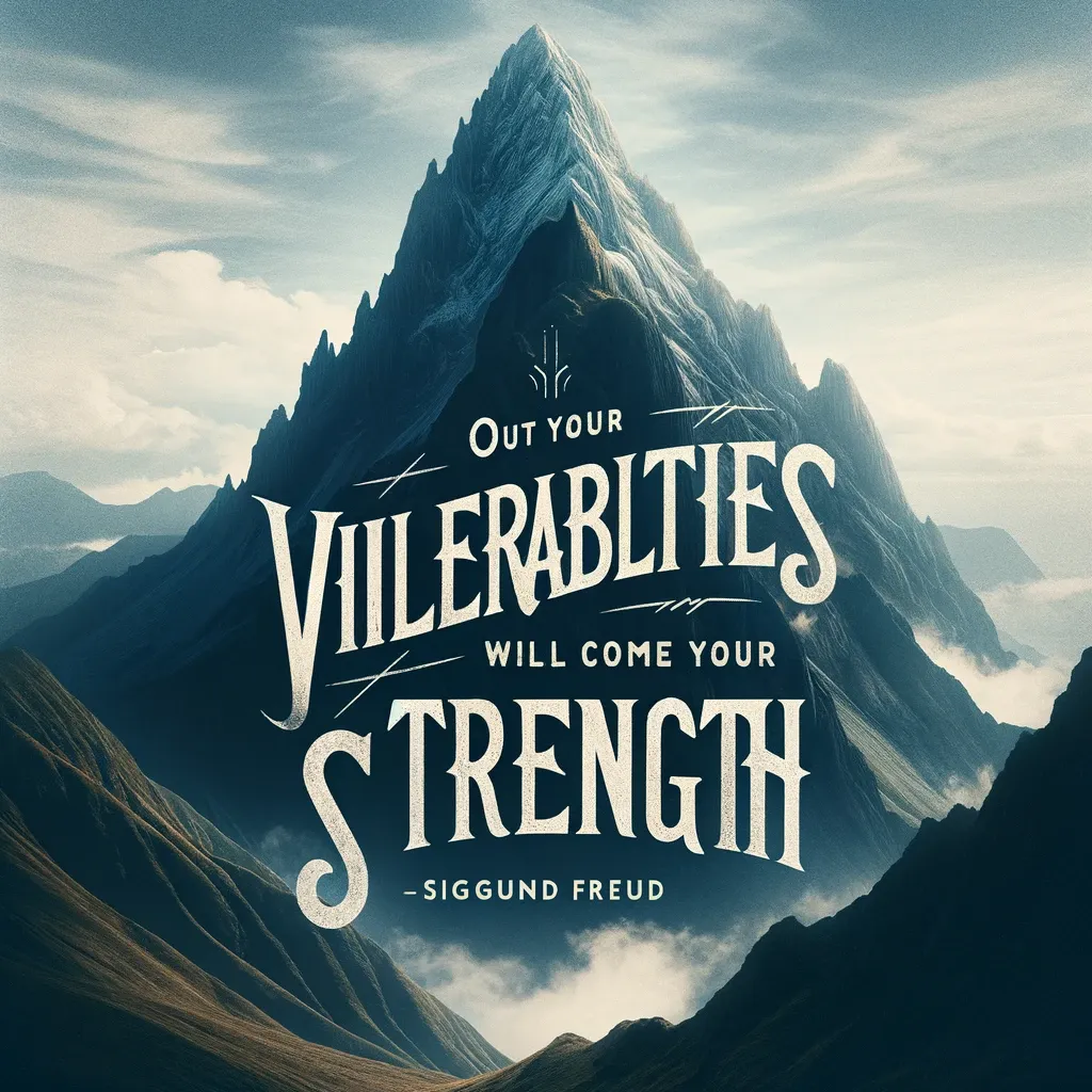 Majestic mountain peak with Sigmund Freud's quote on finding strength in vulnerability, from biquote.com.