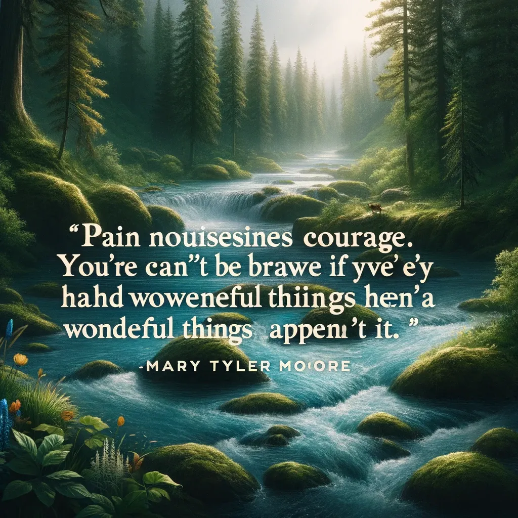 Lush forest stream with Mary Tyler Moore's quote on pain and courage, from biquote.com.