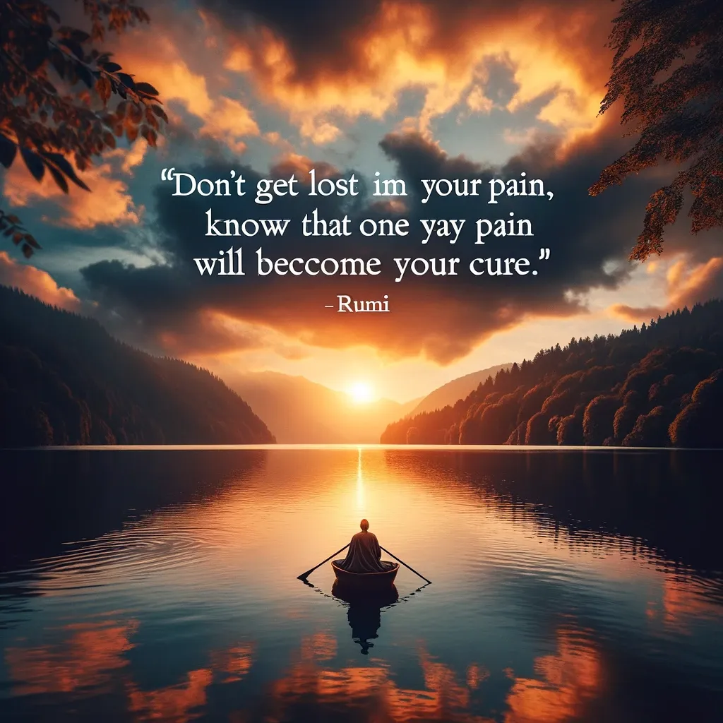 Solitary rower on a lake at sunset with Rumi's quote on pain and healing, from biquote.com.