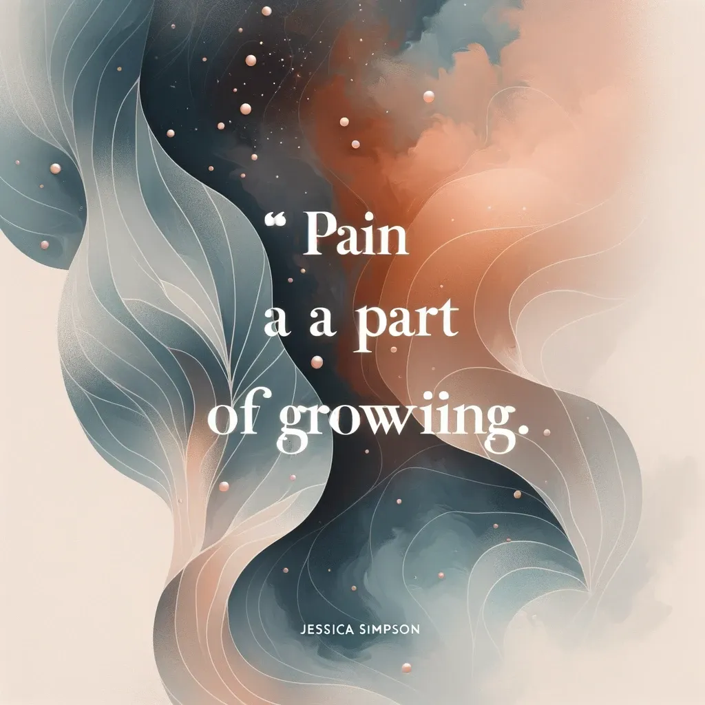 Abstract art with flowing lines and warm colors, featuring Jessica Simpson's quote on the necessity of pain in growth, from biquote.com.