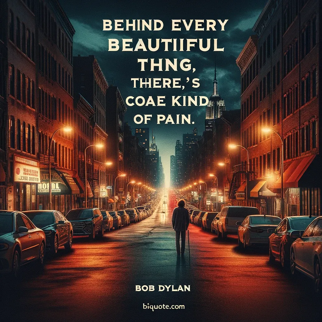 Desolate city street at twilight with Bob Dylan's quote on the pain behind beauty, from biquote.com.