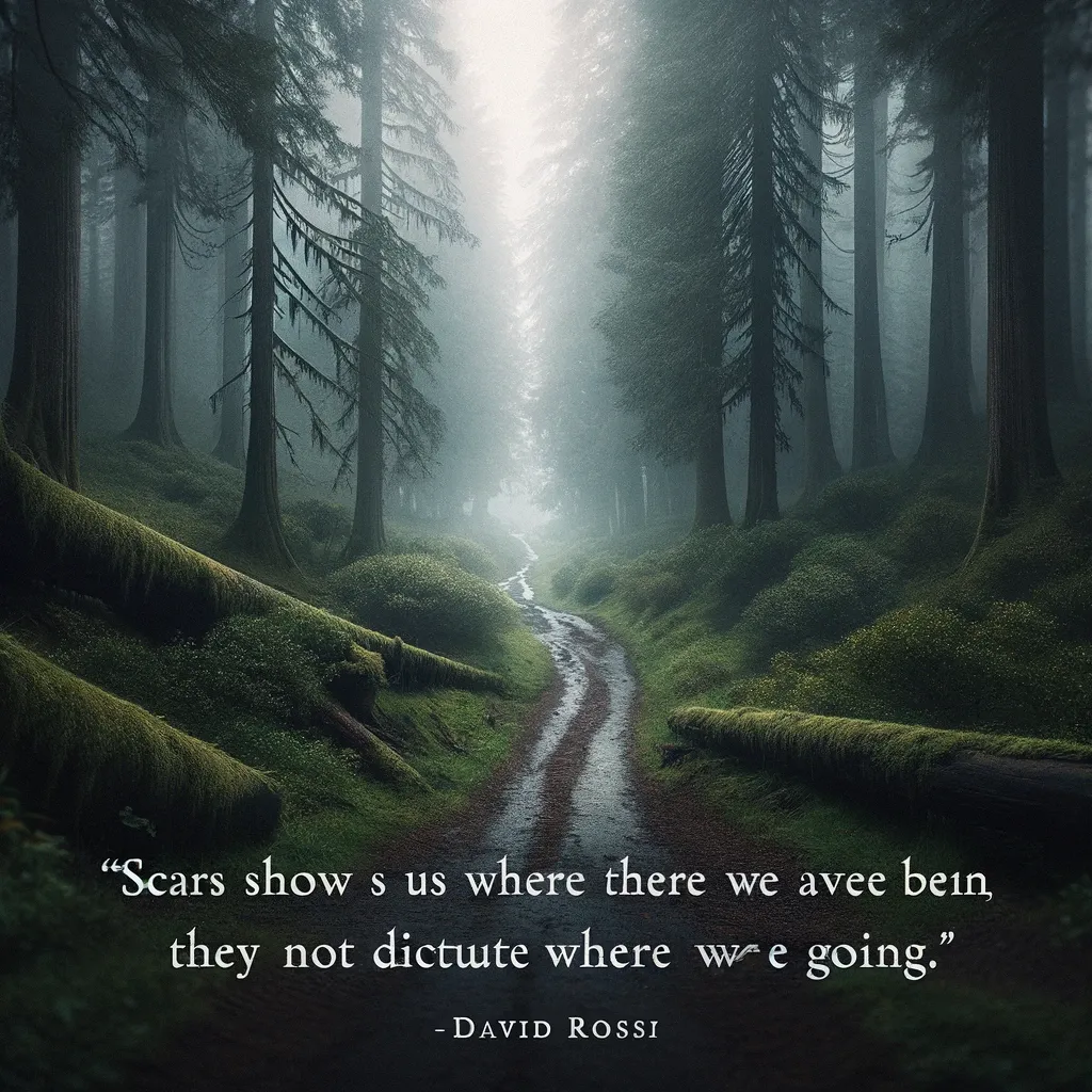 Mystic forest trail with fog and David Rossi's quote on scars and future paths, from biquote.com.