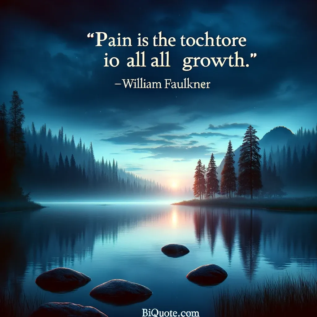 Twilight over a serene lake with William Faulkner's quote on pain and growth, from biquote.com.